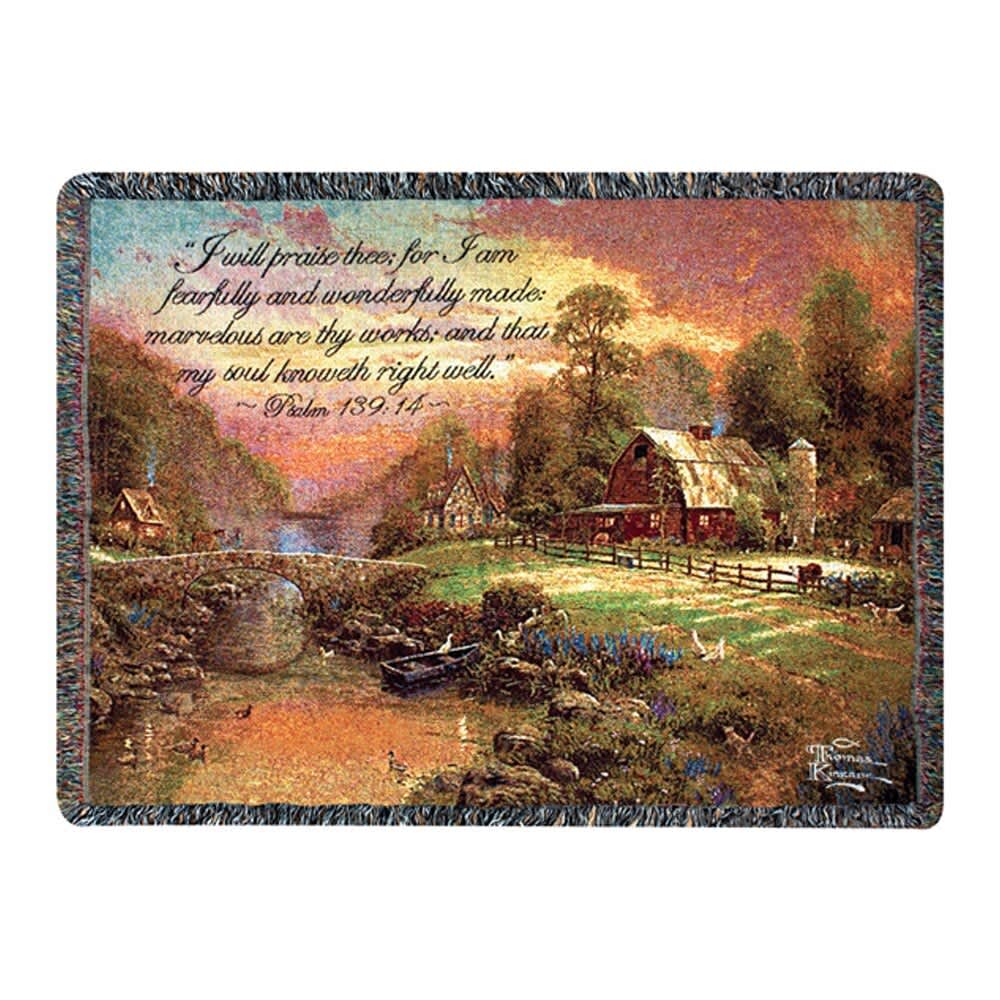 Fringed throw blanket with a pastoral barn and scripture print