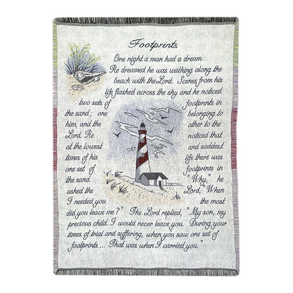 Fringed woven throw with a lighthouse and printed poem text