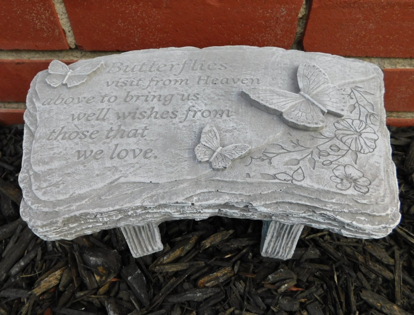 Small Concrete Butterfly Bench - This small concrete butterfly bench is approx. 11" by 5".  "Butterflies visit from heaven above to bring us well wishes from those we love."