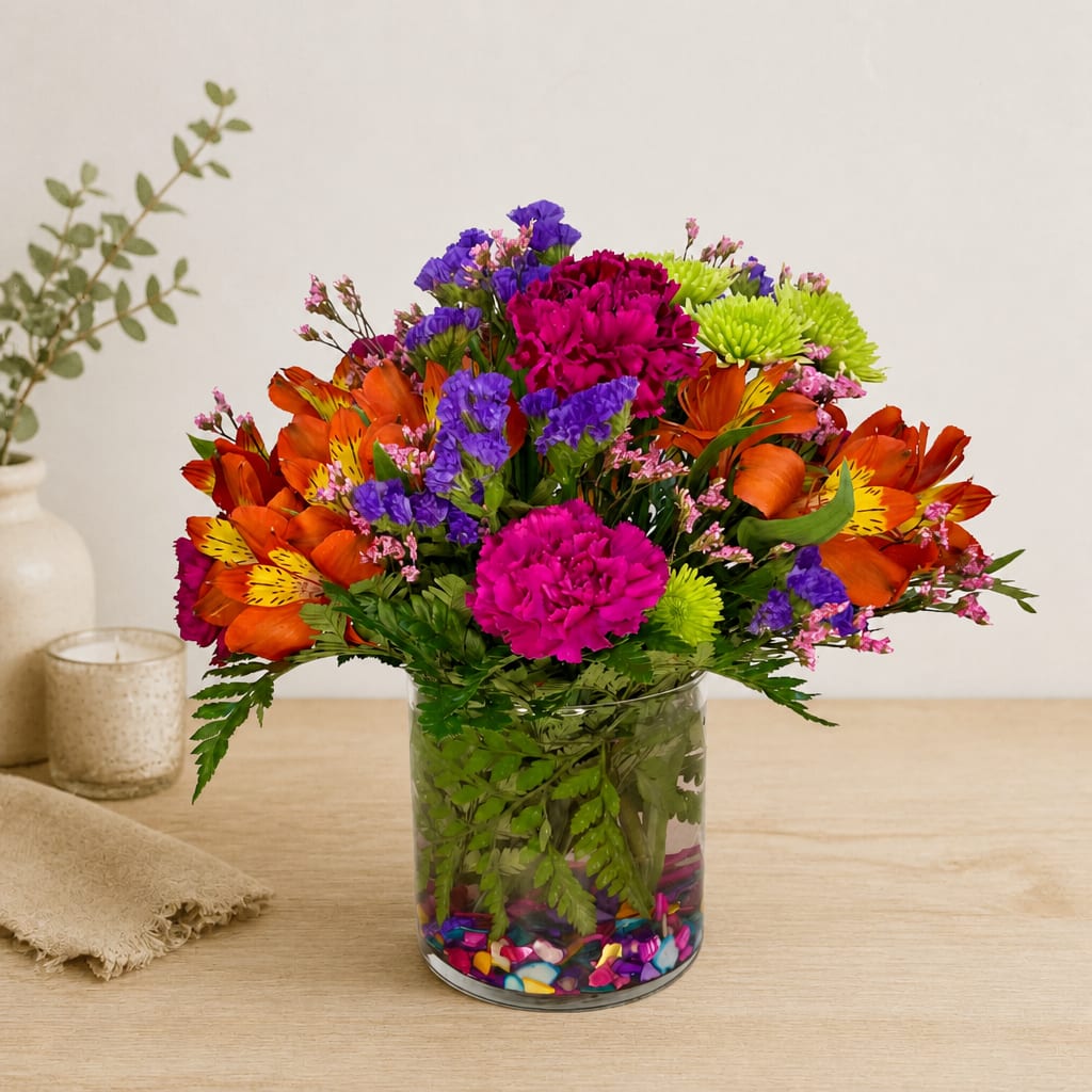Colorful mixed bouquet in a clear glass vase with decorative stones