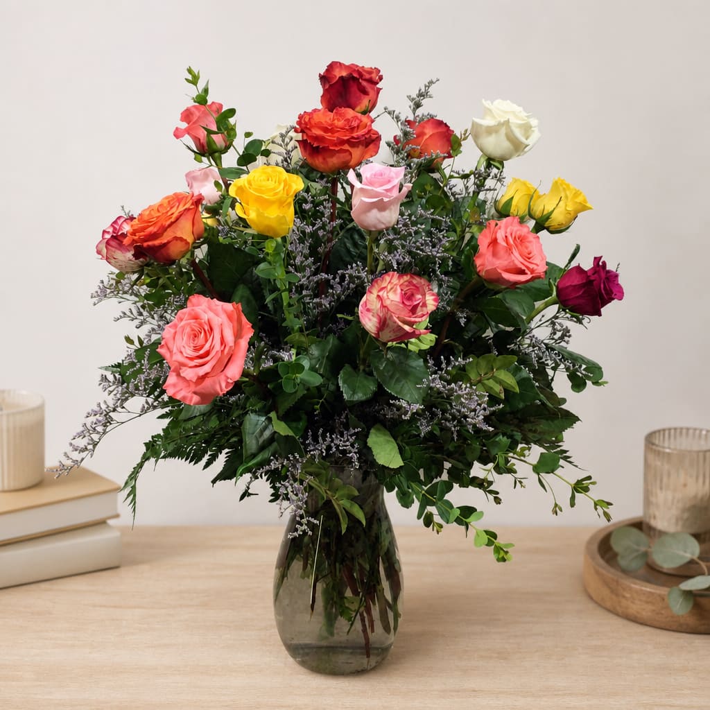 Mixed roses in a glass vase on a tabletop