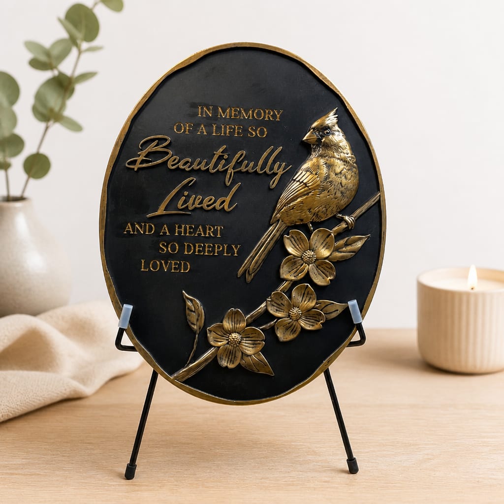 Oval memorial plaque with a gold bird and flowers on a stand
