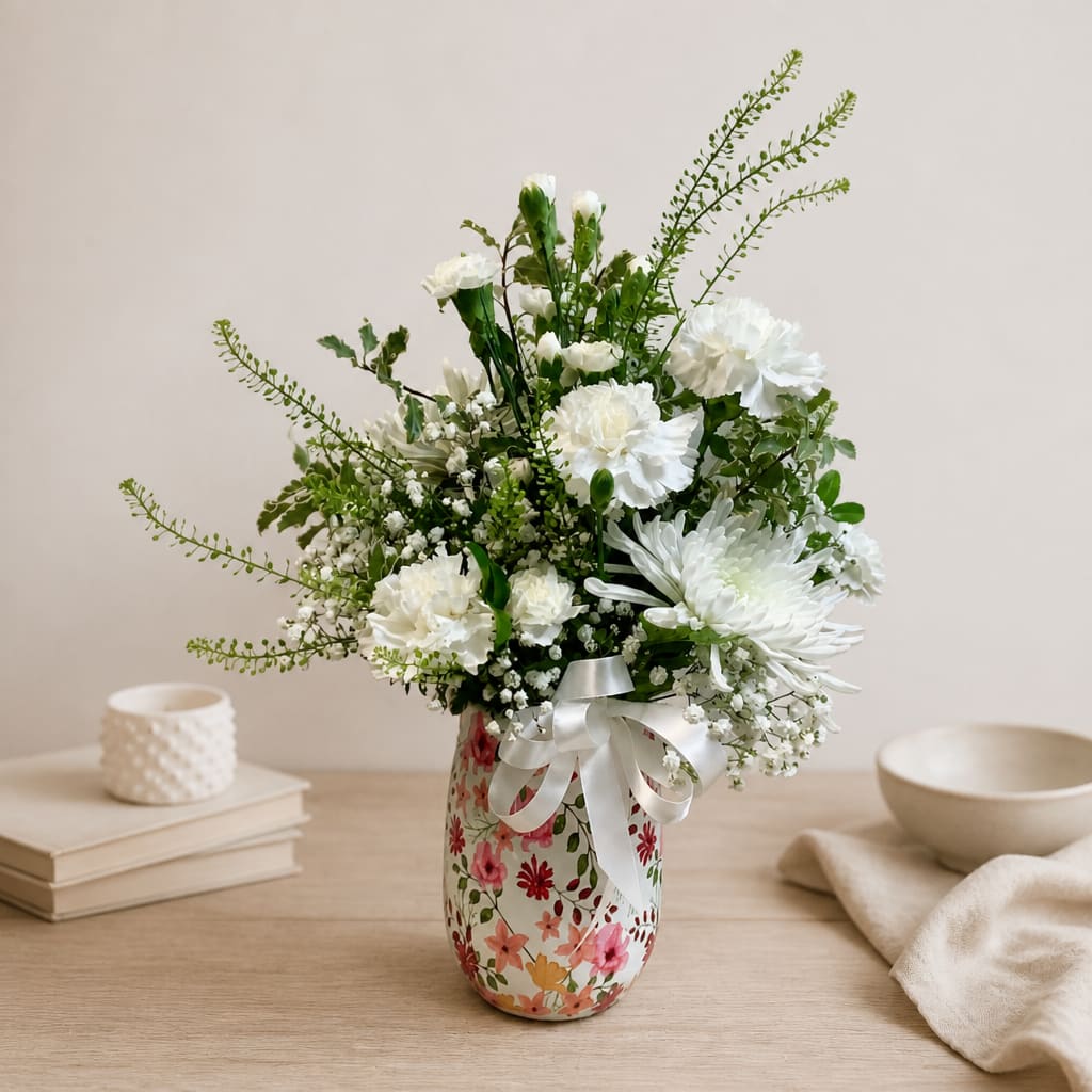 White floral arrangement in a floral vase with a satin ribbon