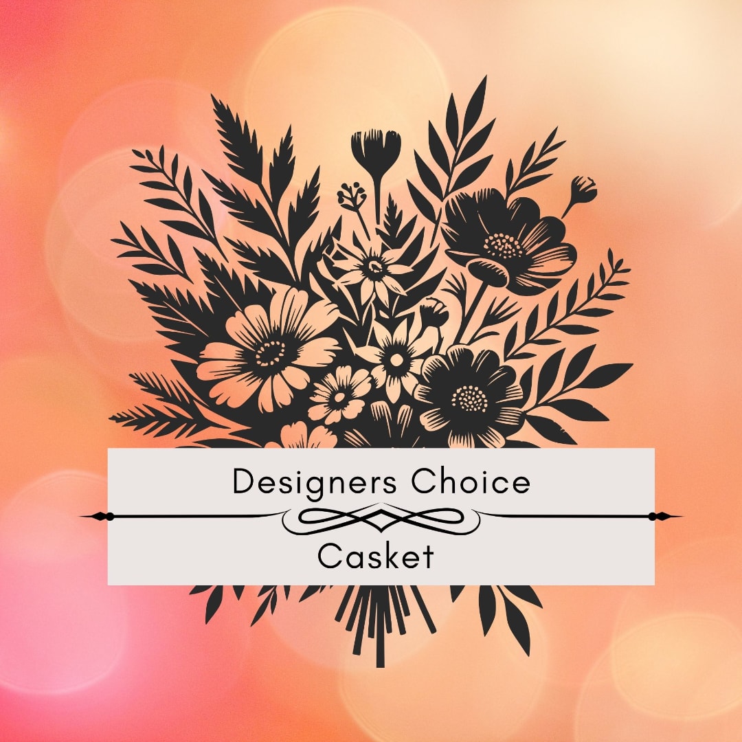 Graphic floral bouquet with a label reading Designers Choice Casket