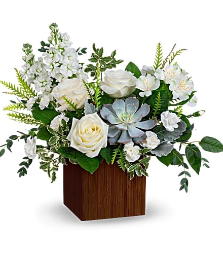 Just Breathe - Like a breath of fresh air, this wondrous white bouquet in a Zen-inspired bamboo cube brings peace to any special occasion. All Around Approx 15 W x 15 H