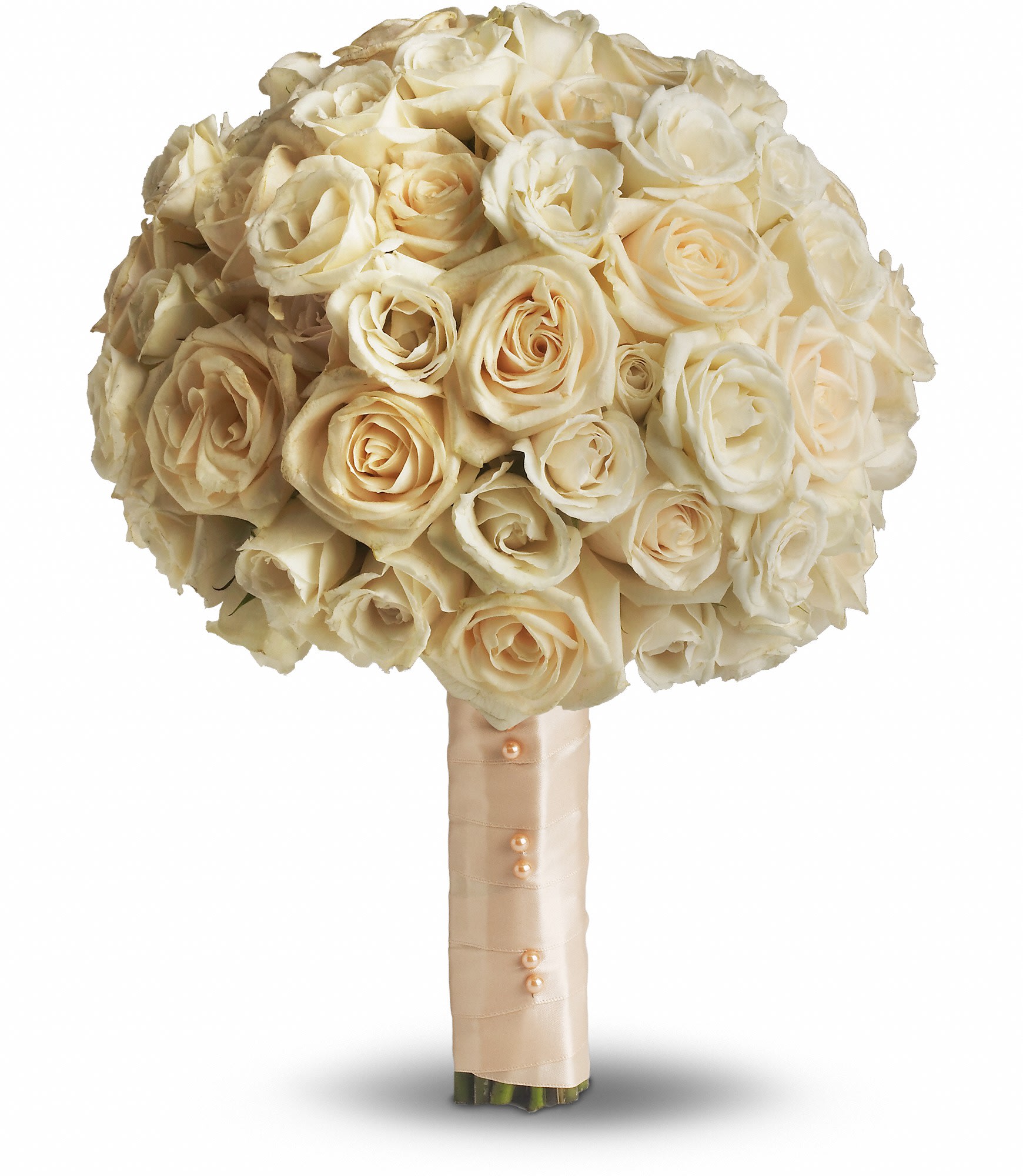Cream rose bridal bouquet with a satin-wrapped handle