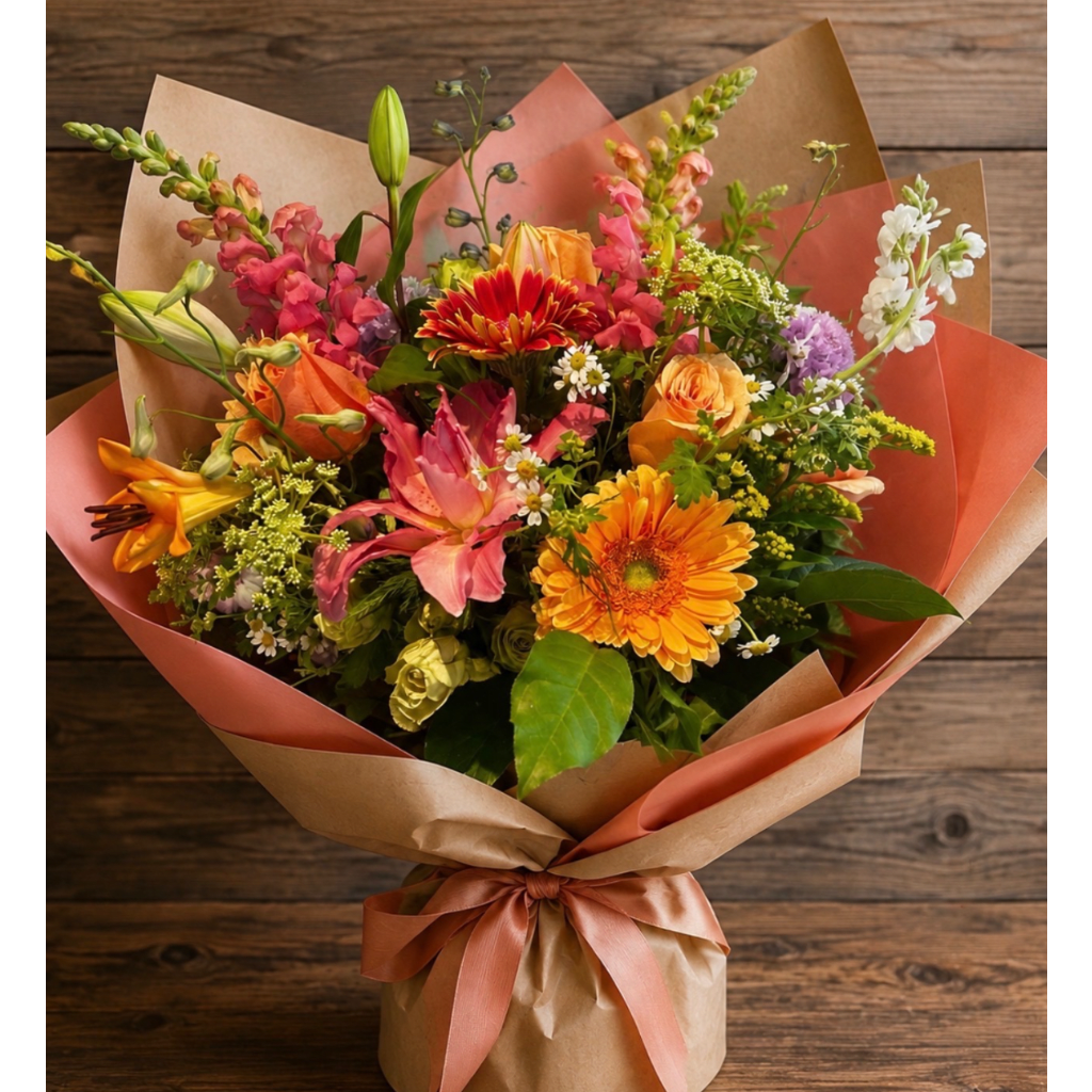 Mixed bouquet of colorful flowers wrapped in brown paper with a ribbon