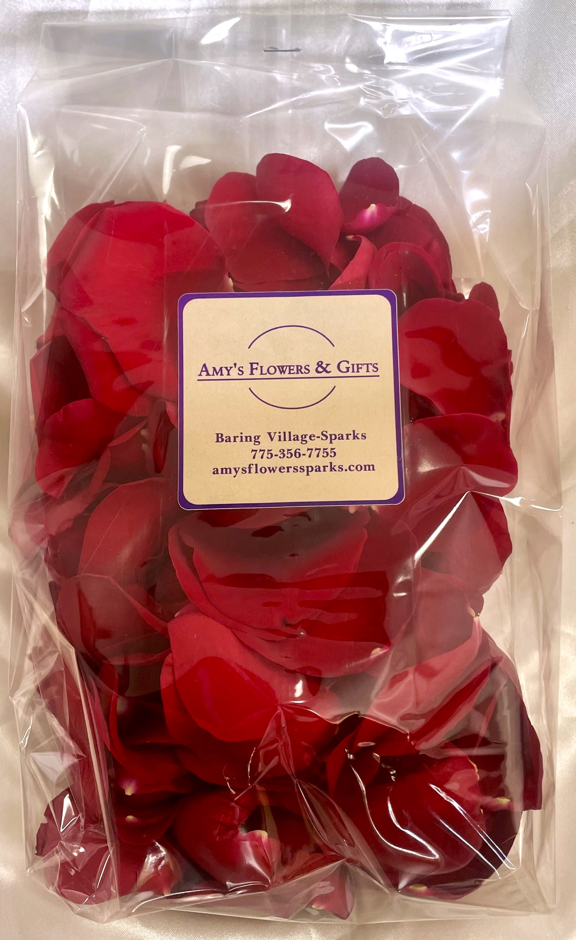 Bag of Rose Petals - Such a romantic gesture to give and share a bag of rose petals. Surprise that very special someone with a beautiful bag of fresh rose petals. Includes petals from 8 roses. 