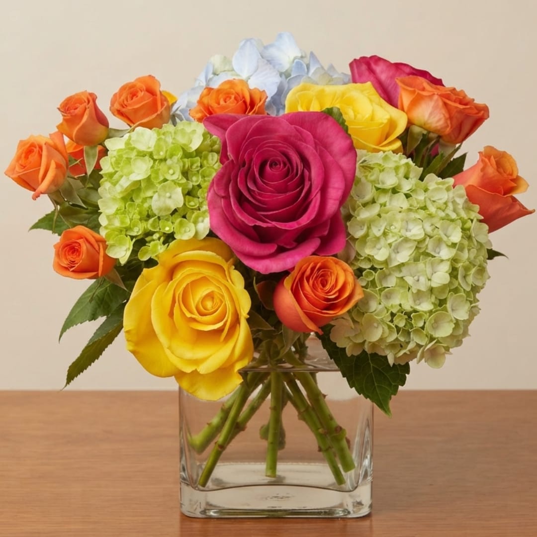 Mixed roses and hydrangeas in a clear glass vase