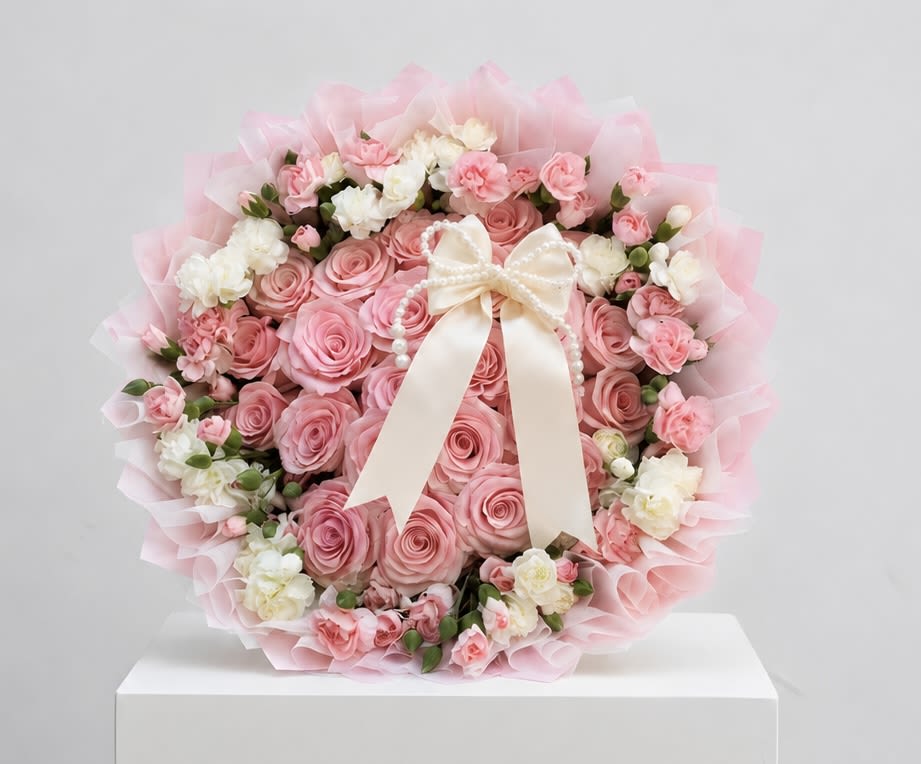 Blush Pink Rose &amp; Carnation Wrapped Bouquet - Luxurious hand-tied arrangement featuring premium long-stemmed pink roses accented with delicate pink and white carnations. Expertly wrapped in elegant blush pink waterproof floral paper and finished with a satin bow, this bouquet offers a sophisticated presentation without the need for a vase. Whether you're celebrating a birthday, anniversary, graduation, Mother's Day, Valentine's Day, or simply expressing your love and appreciation, this timeless bouquet is sure to leave a lasting impression.  Each bouquet is handcrafted by our designers using the freshest blooms available to ensure exceptional beauty and long-lasting enjoyment.  Bouquet Sizes Standard: 24 Long-Stemmed Pink Roses with Pink &amp; White Carnations Deluxe: 36 Long-Stemmed Pink Roses with Pink &amp; White Carnations Premium: 50 Long-Stemmed Pink Roses with Pink &amp; White Carnations