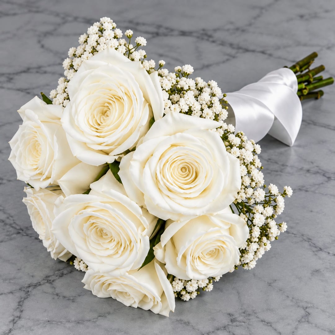 Bouquet of white roses with baby's breath and a white ribbon wrap