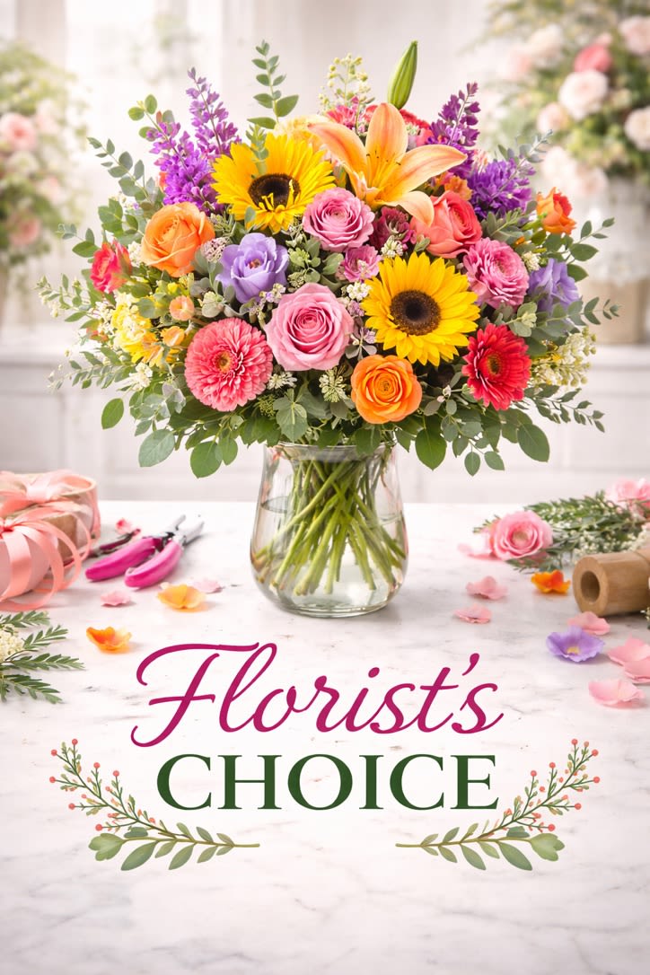 Designers Choice - Let our designers create something truly special using the freshest seasonal flowers available. This vibrant arrangement is handcrafted with a beautiful mix of premium blooms, colors, and textures selected daily by our florists for a unique one-of-a-kind design. Arranged in a clear glass vase and styled with lush greenery, this bouquet is perfect for birthdays, celebrations, thank you gifts, or simply brightening someone’s day.  Flower varieties and colors may vary based on seasonal availability, but the overall style, fullness, and value of the arrangement will always be maintained.