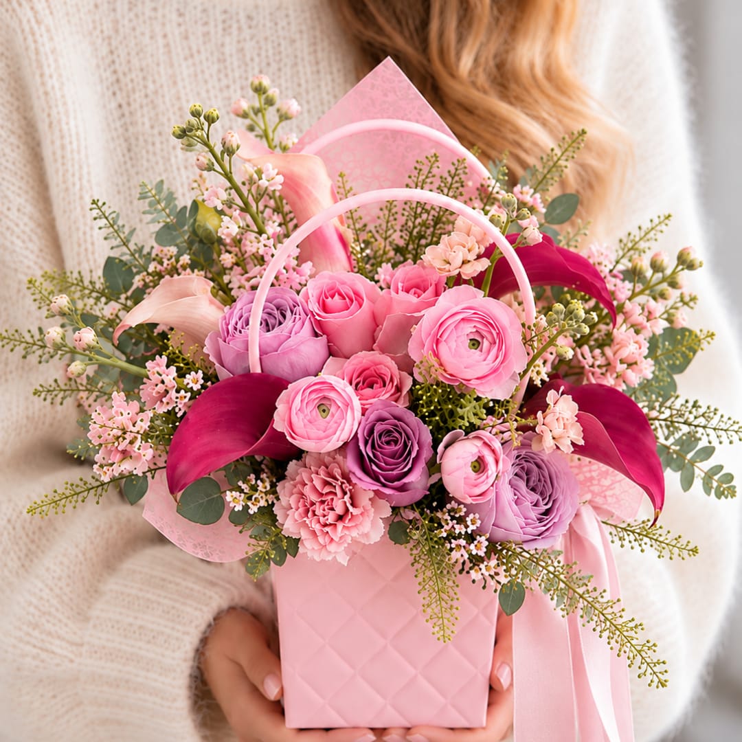 Pink and purple bouquet in a pink handled box with ribbon
