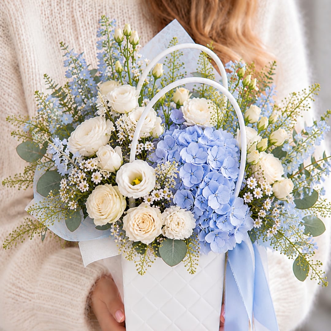 Blue and white flower arrangement in a white handled basket with ribbon