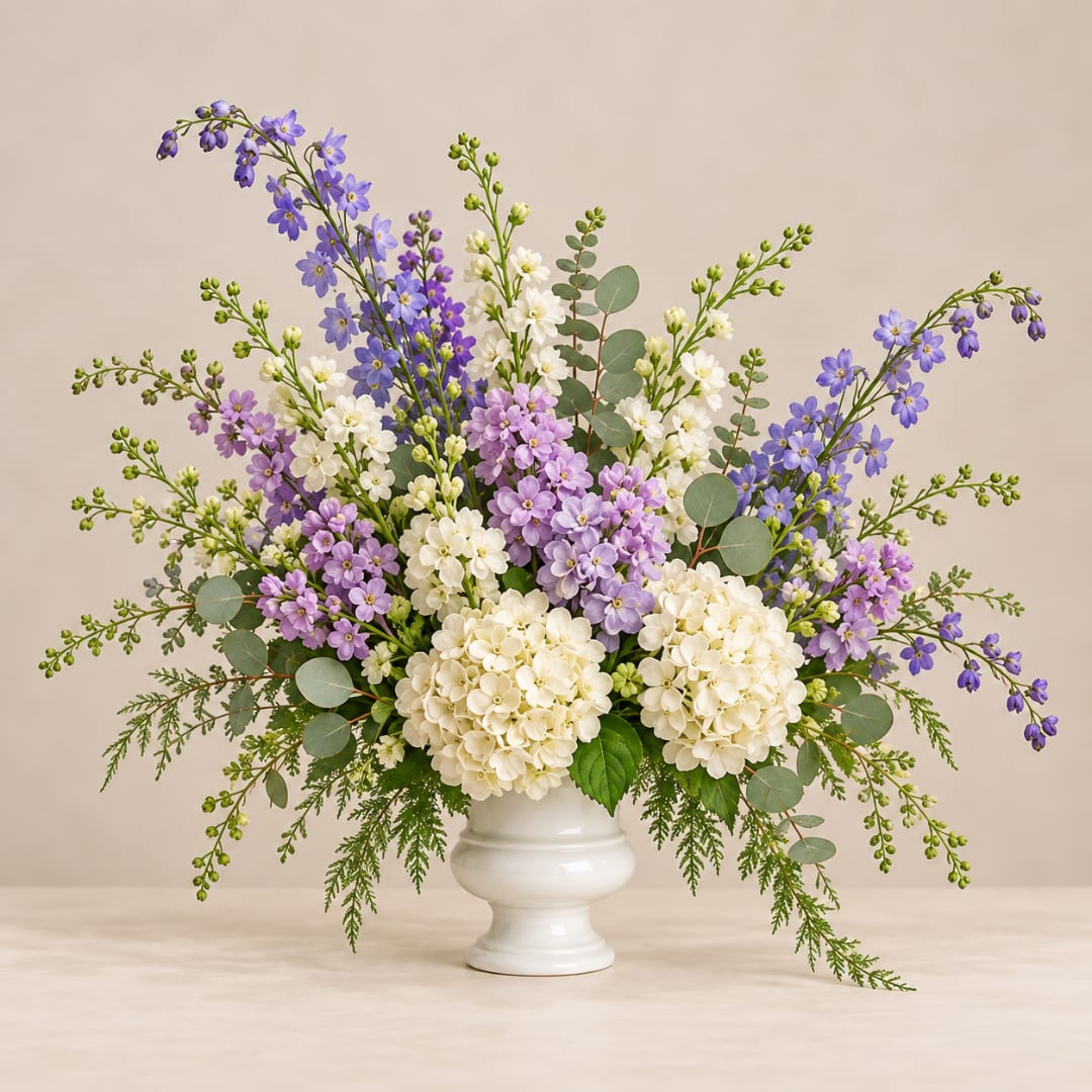 White and lavender flower arrangement in a white vase