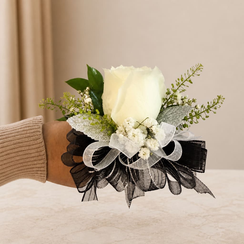 White rose wrist corsage with black and white ribbon
