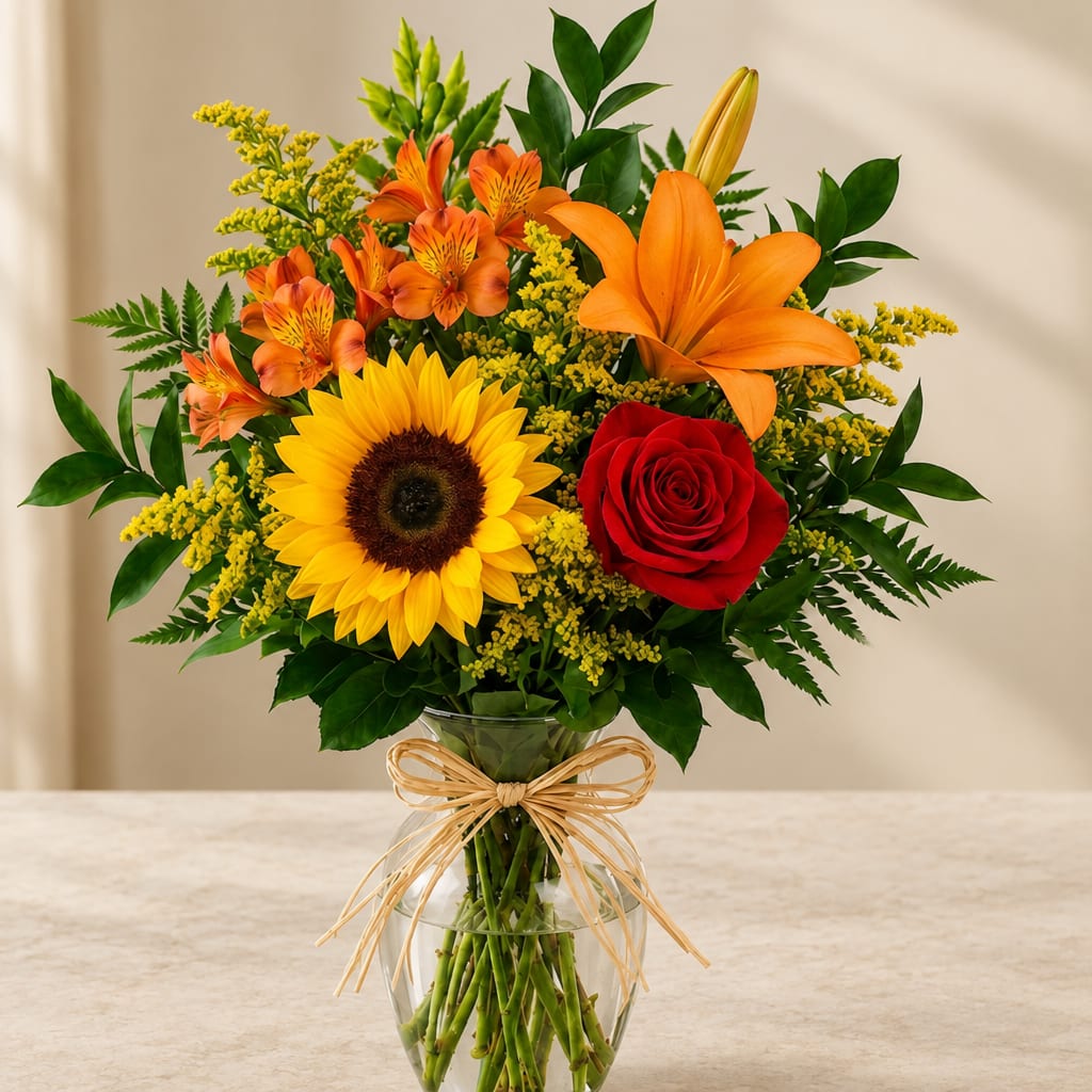 Bouquet of sunflowers, roses, lilies, and orange alstroemeria in a glass vase