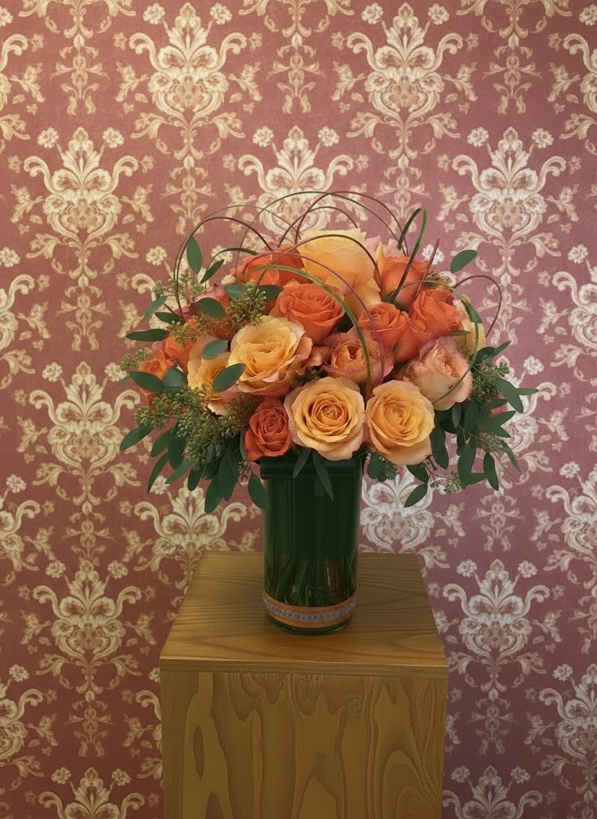 Apricot Rose Elegance - A refined and warm-toned arrangement featuring a lush blend of apricot, peach, and soft tangerine roses accented with seeded eucalyptus and cascading bear grass loops for movement and texture. Designed in a sleek green glass vase wrapped with decorative trim, this piece brings a sophisticated yet inviting glow to any setting.  Perfect for birthdays, anniversaries, hostess gifts, or elevating a foyer or dining space — a true celebration of understated luxury in sunset tones.