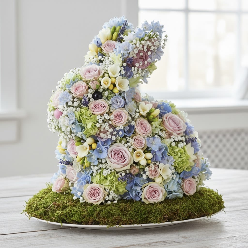 Floral bunny sculpture made of pastel roses and hydrangeas on a moss base