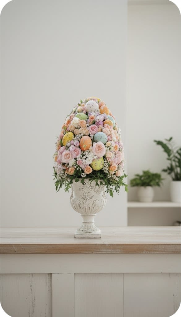 Pastel flower arrangement with decorated eggs in a white urn vase