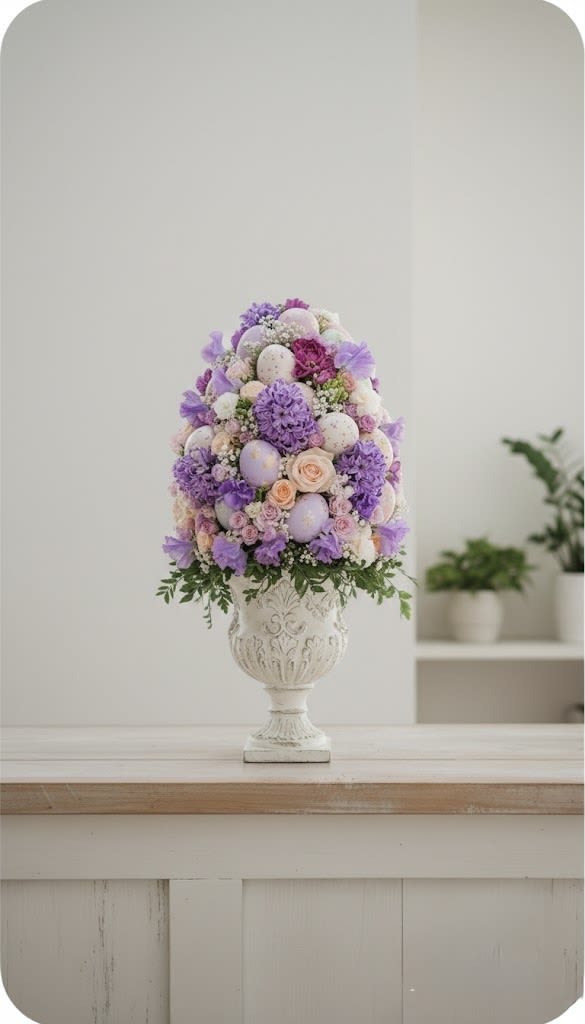 Purple and pink floral arrangement with decorative eggs in a white urn