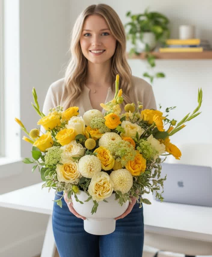 Woman holding a large yellow and white flower arrangement in a white pedestal vase