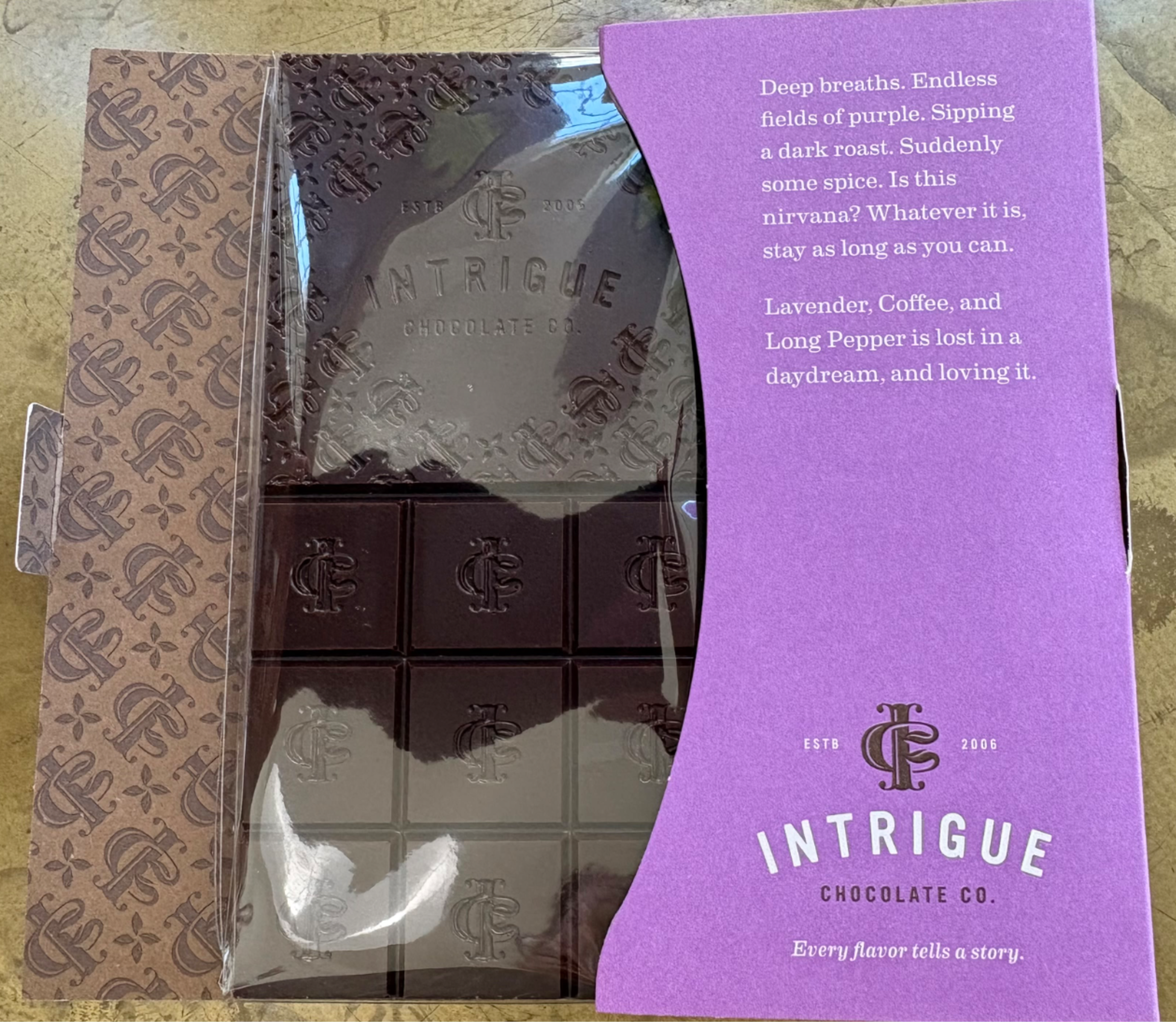 Intrigue Chocolate Co. Lavender, Coffee &amp; Long Pepper Chocolate Bar - This creamy, sumptuous chocolate melts in your mouth, and takes your tastebuds on a wondrous journey. Dare to dream.  64% Cacao 2.5 oz bar