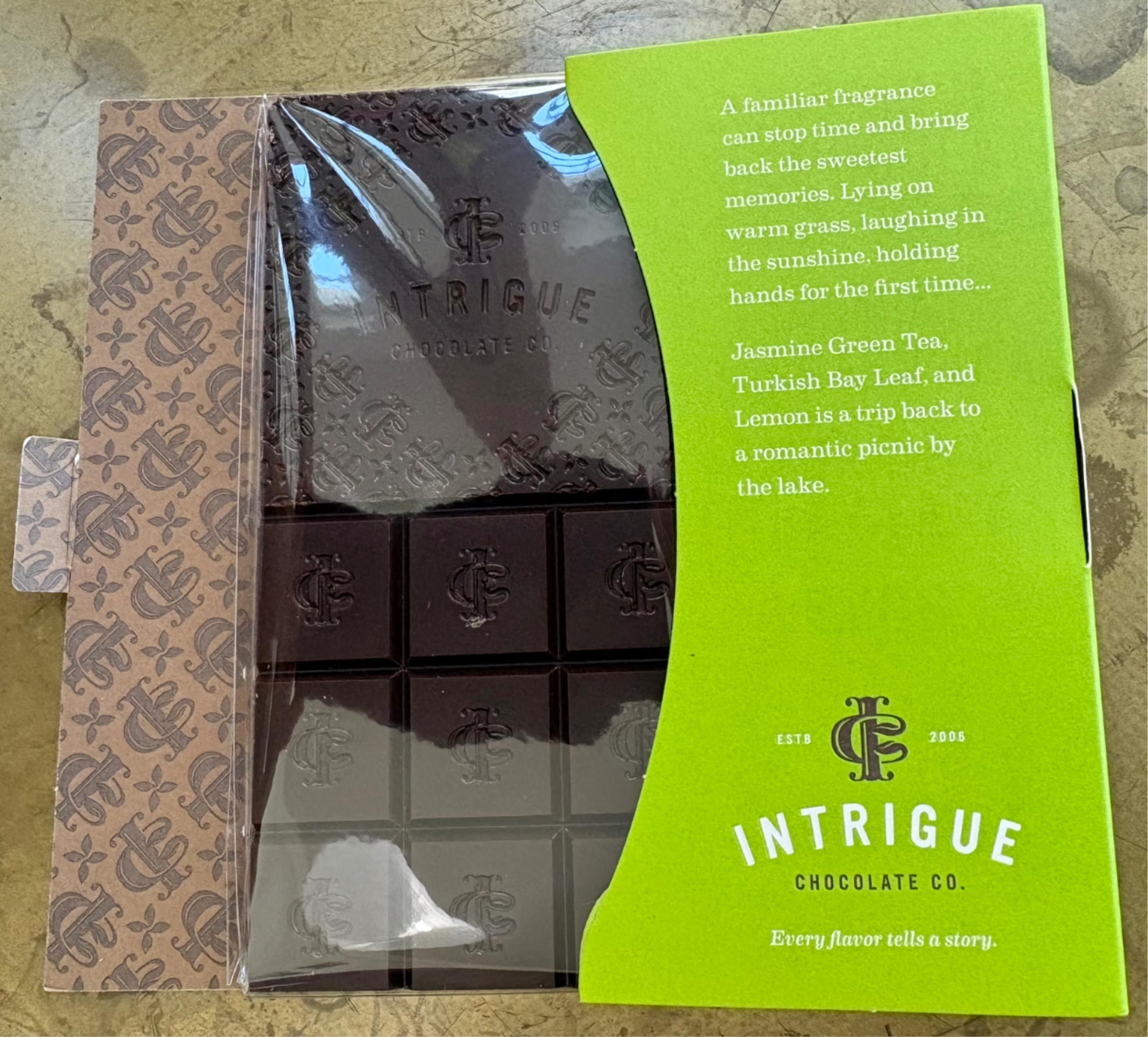 Intrigue Chocolate Co. Jasmine Green Tea, Turkish Bay Leaf &amp; Lemon Chocolate Bar - This creamy, delectable chocolate melts in your mouth, and takes your tastebuds on a wondrous journey. Love life.  67% Cacao. 2.5 oz.