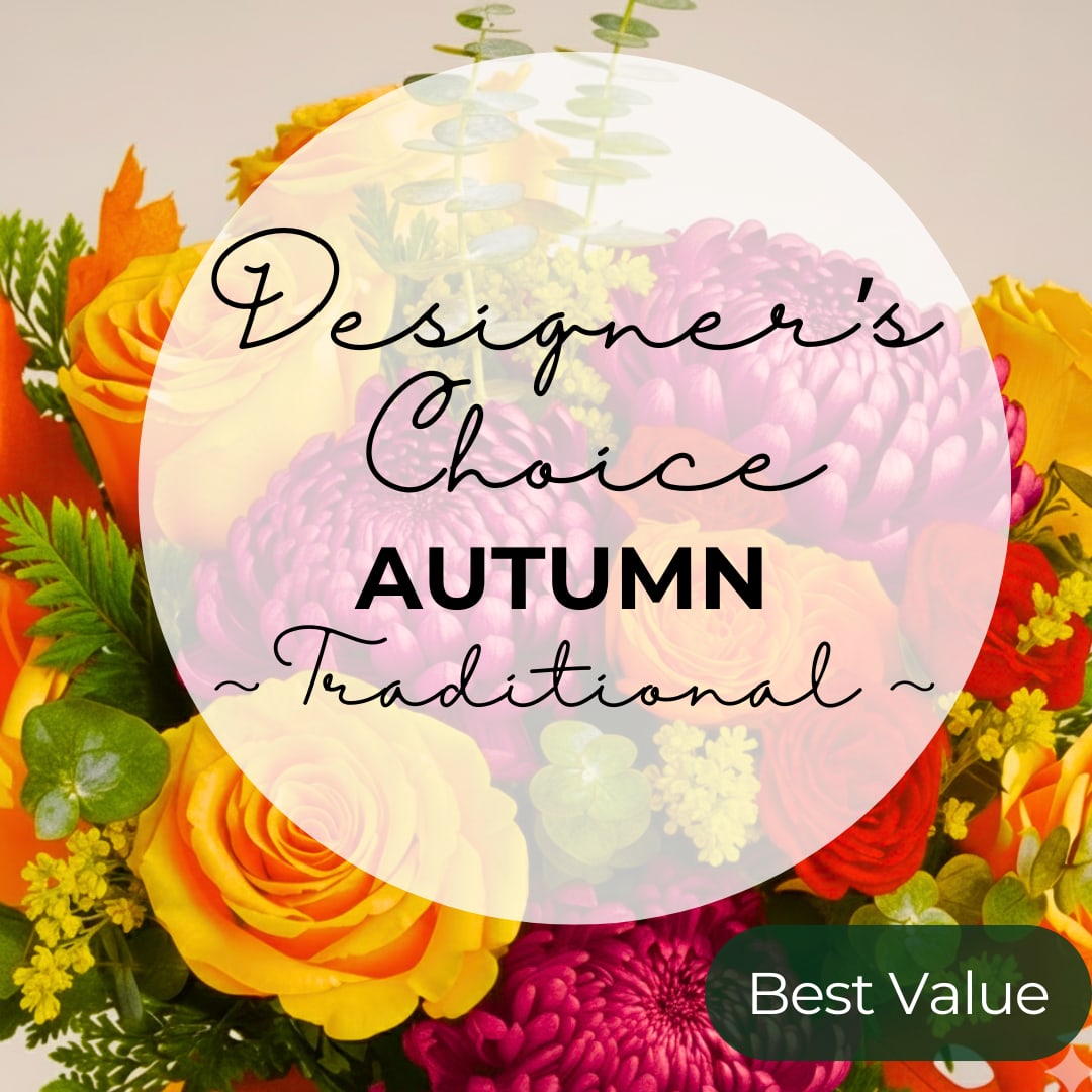Autumn bouquet with roses and chrysanthemums, overlaid with text