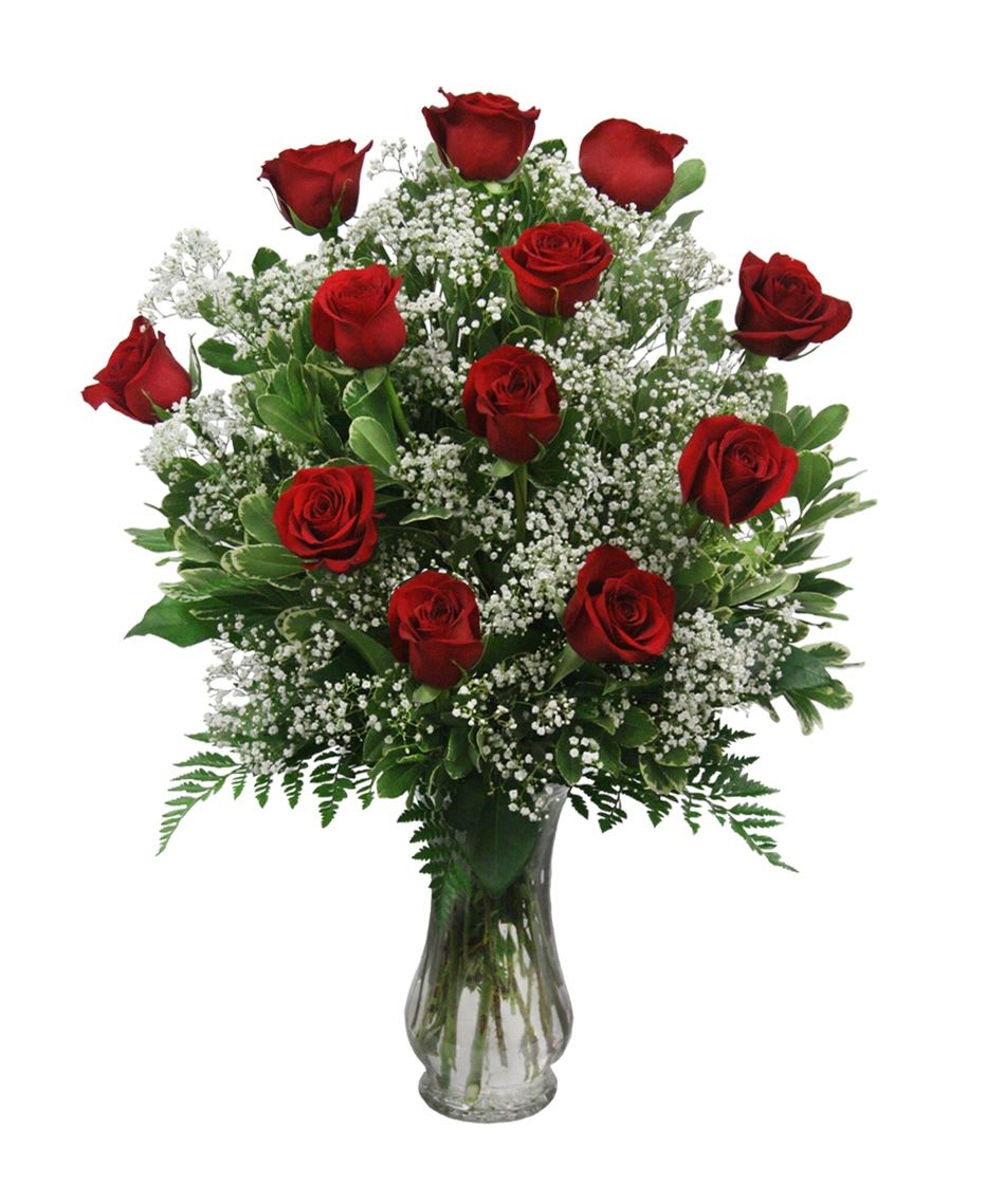 Red roses arranged in a clear glass vase with white filler flowers