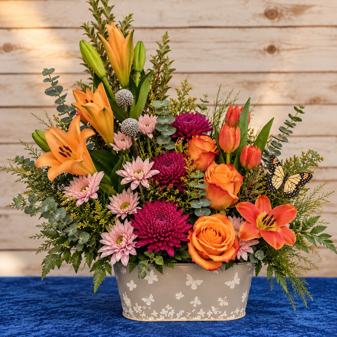 Orange lilies and roses in a butterfly-patterned container
