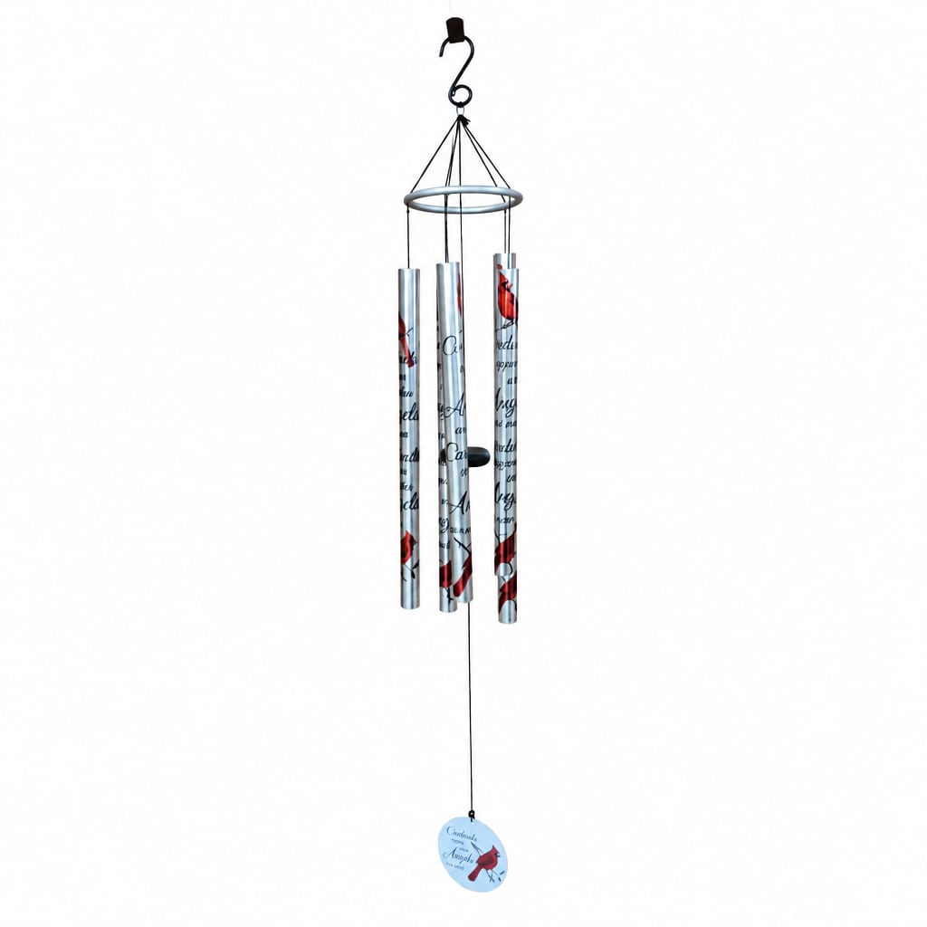 Hanging metal wind chime with printed tubes and a small bird tag