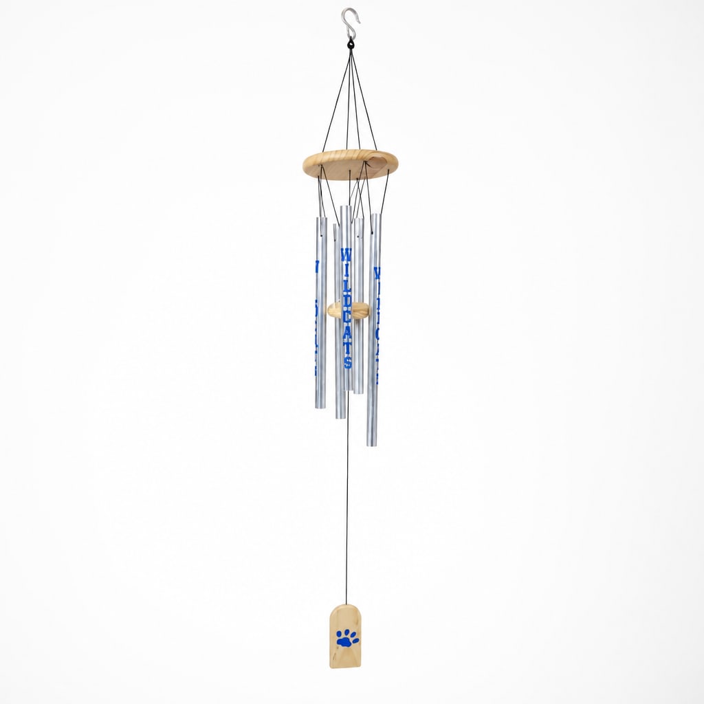 Hanging metal wind chime with wooden accents and a paw print pendant