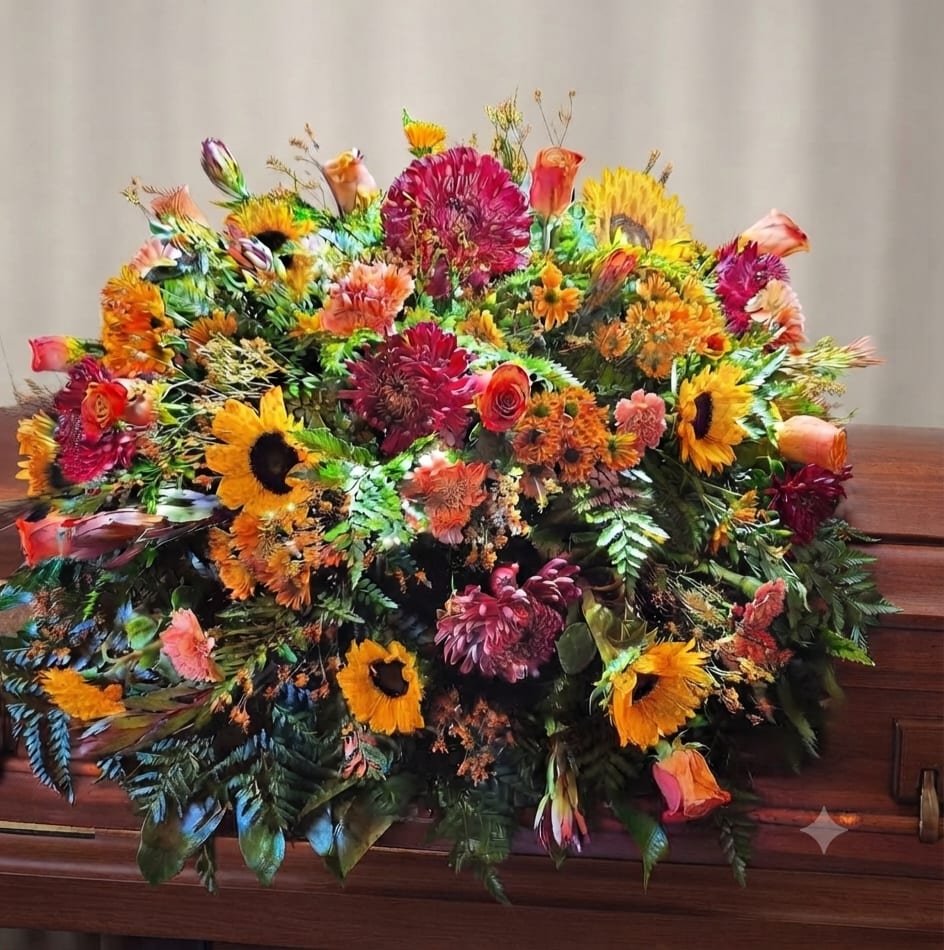 Large colorful floral casket spray with sunflowers, roses, and mums