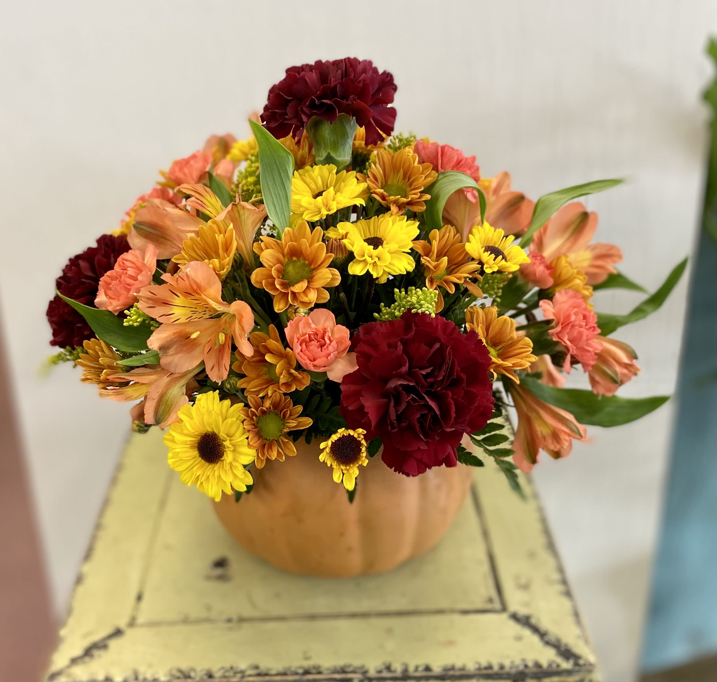 Autumn Pumpkin  - Ceramic pumpkin filled With fall  Colored carnations, mums, and alstroemerias. Long lasting!  