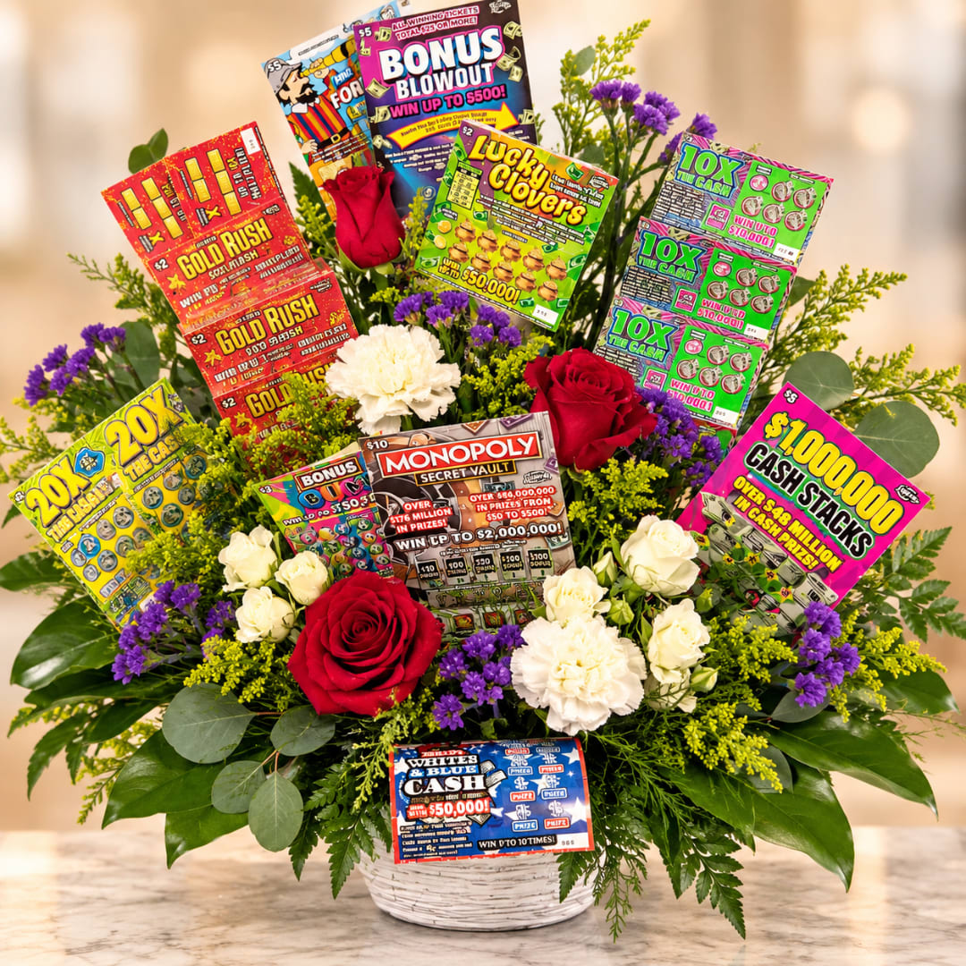 Bouquet of red and white roses with lottery tickets in a white basket