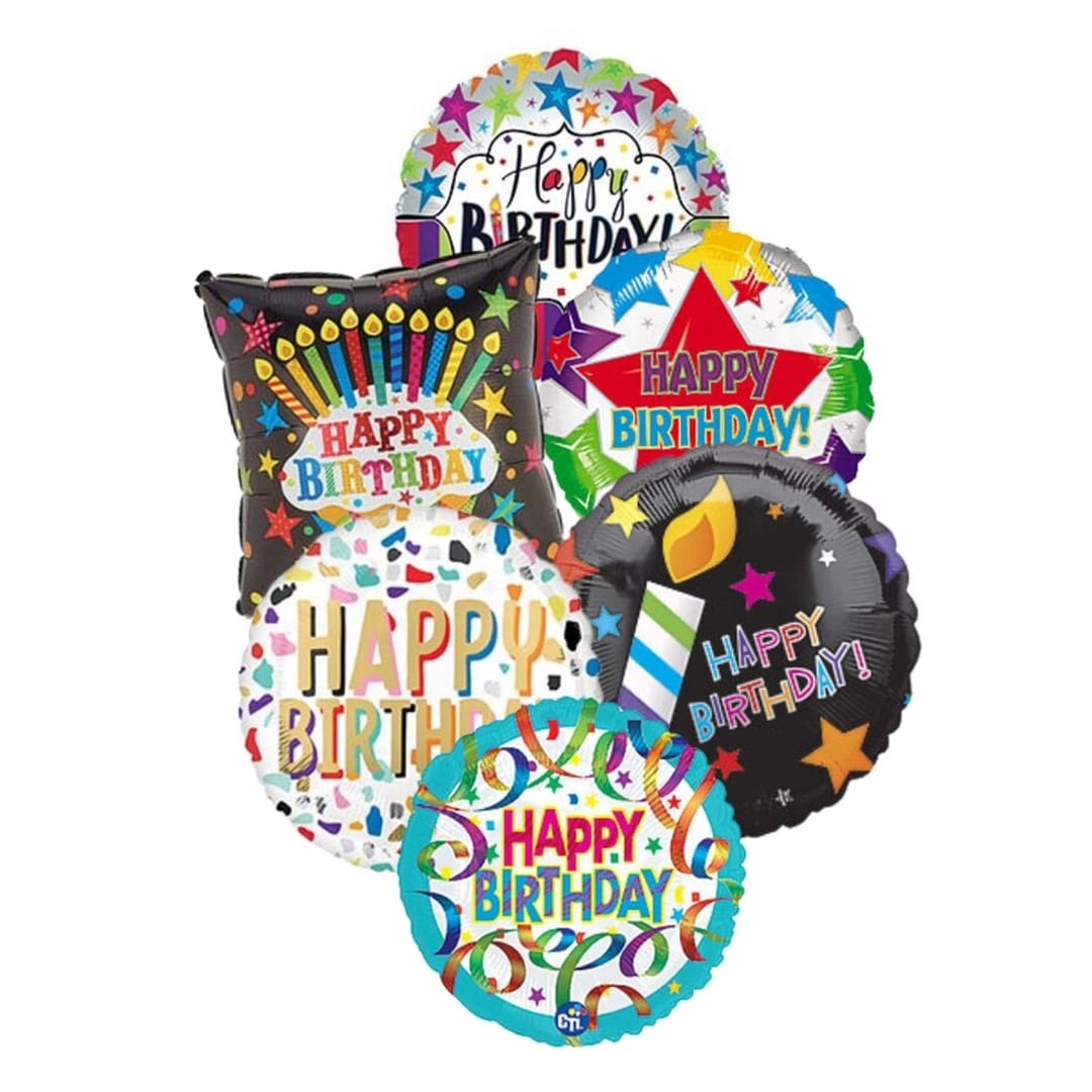 Cluster of colorful Happy Birthday balloons on a white background