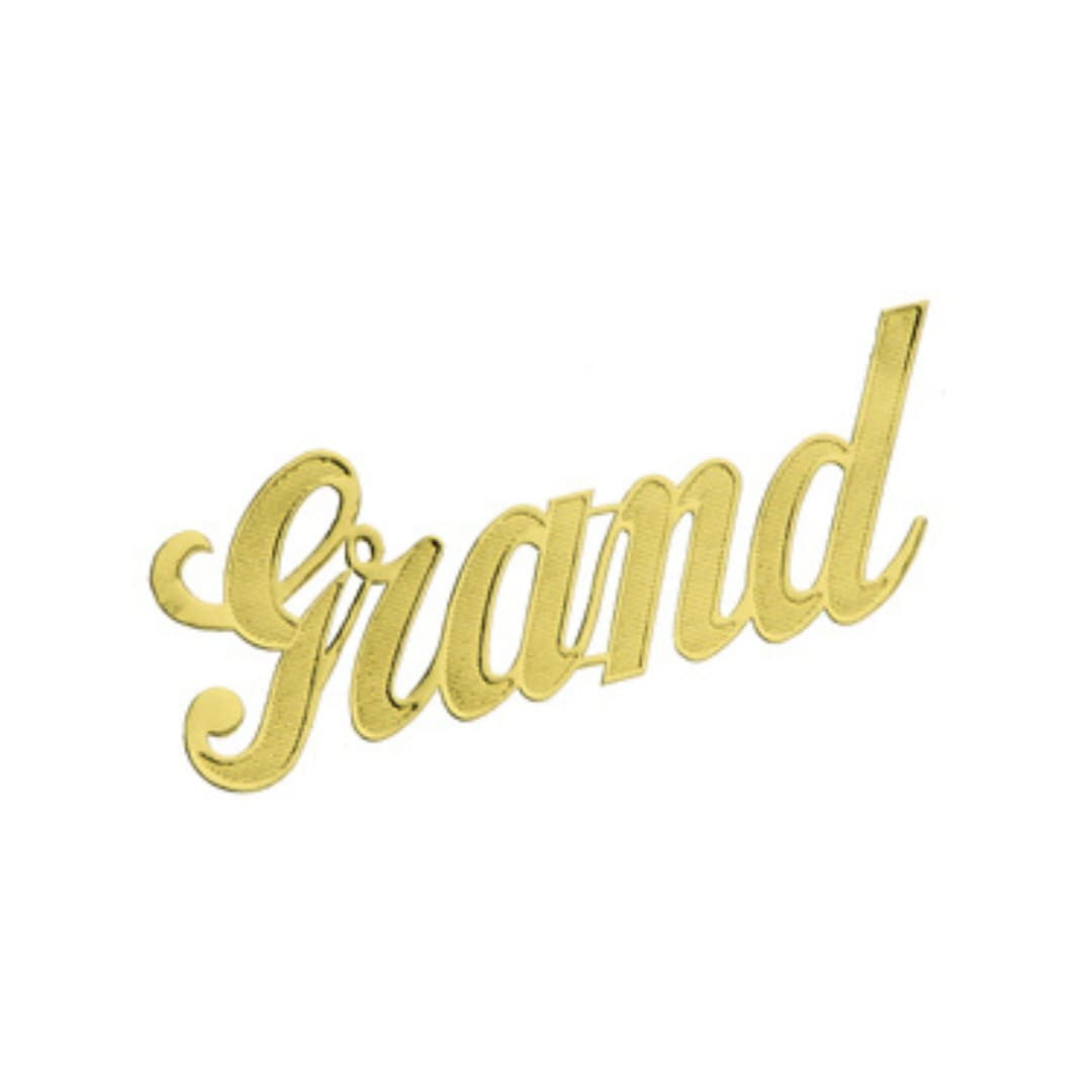 Gold script word "Grand" on a white background