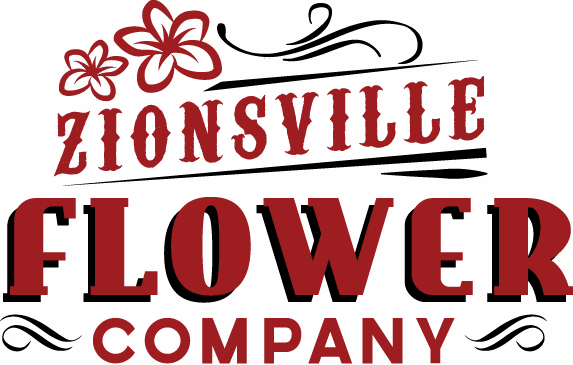 Zionsville Flower Company logo with red text and floral icons