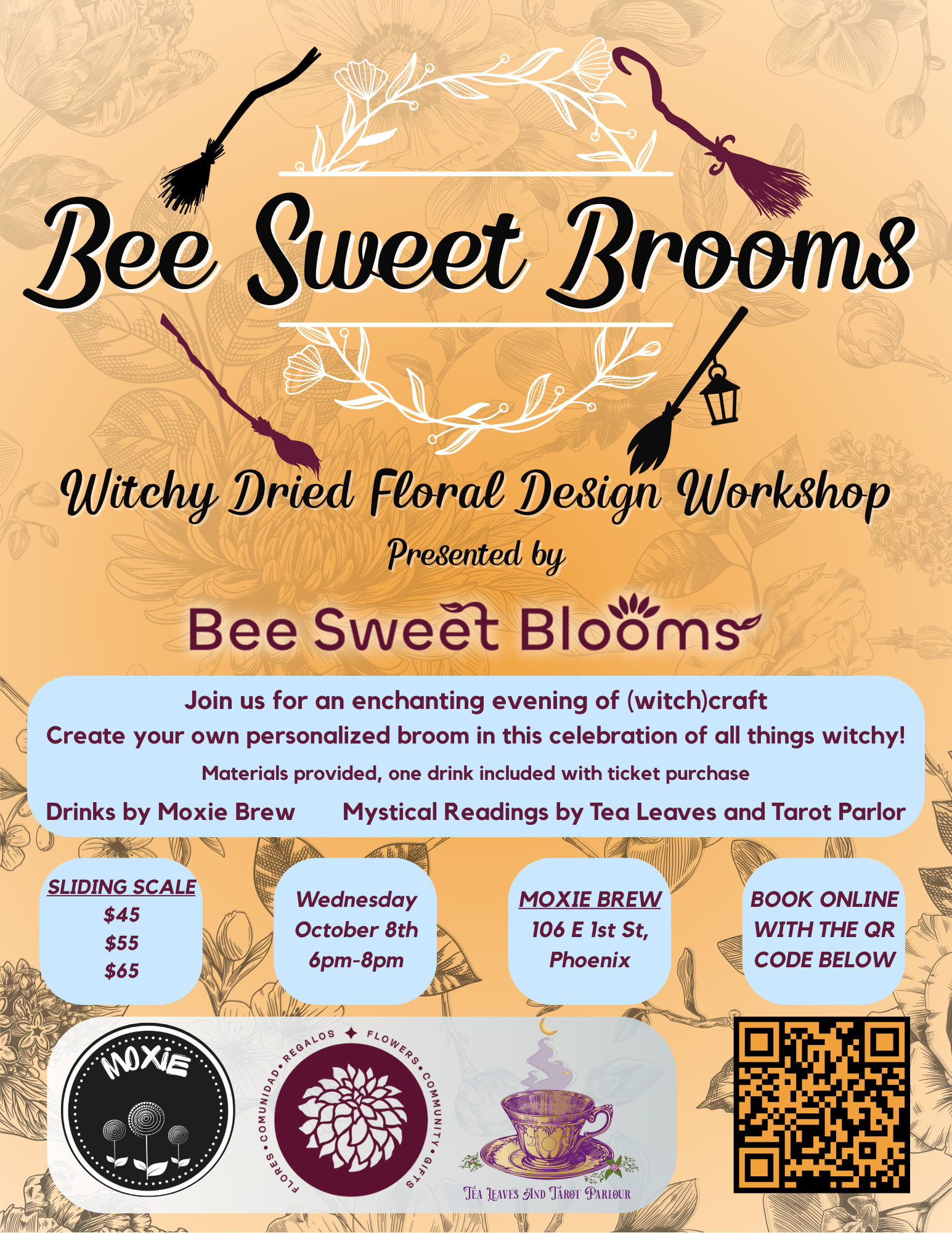 Promotional poster for a witchy dried floral workshop with brooms and a QR code.