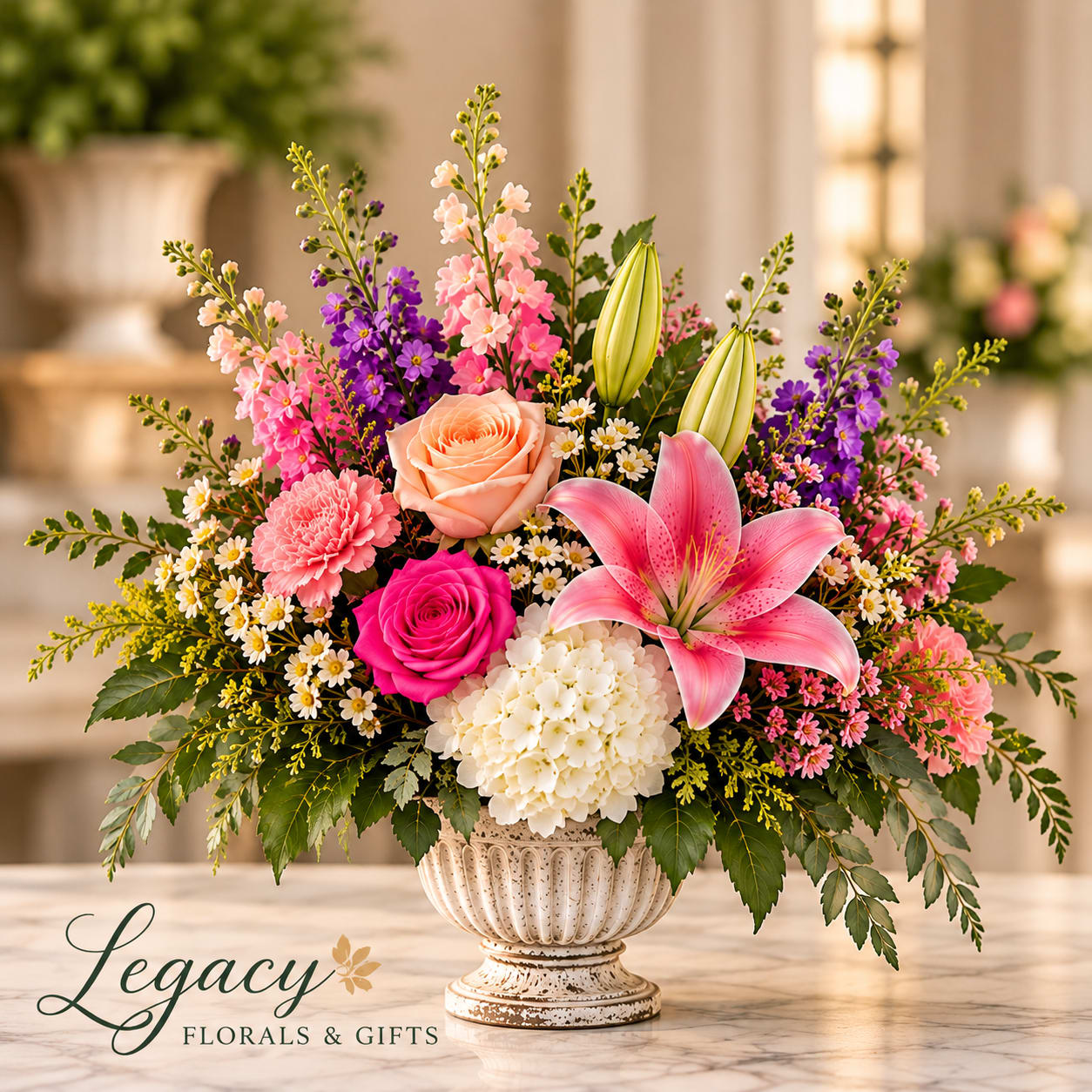 Pink and peach floral arrangement in a white urn vase with lilies and roses