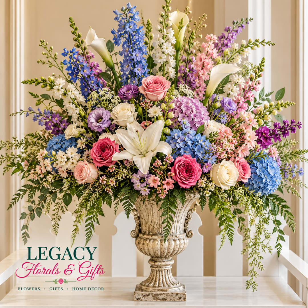 Large mixed floral arrangement in an ornate urn vase with roses, lilies, and blue blooms
