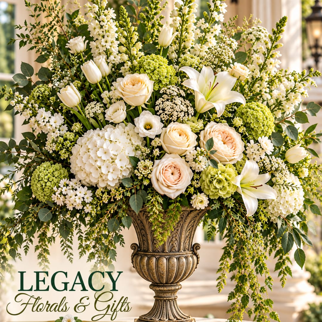 Large white and peach floral arrangement in an ornate urn vase