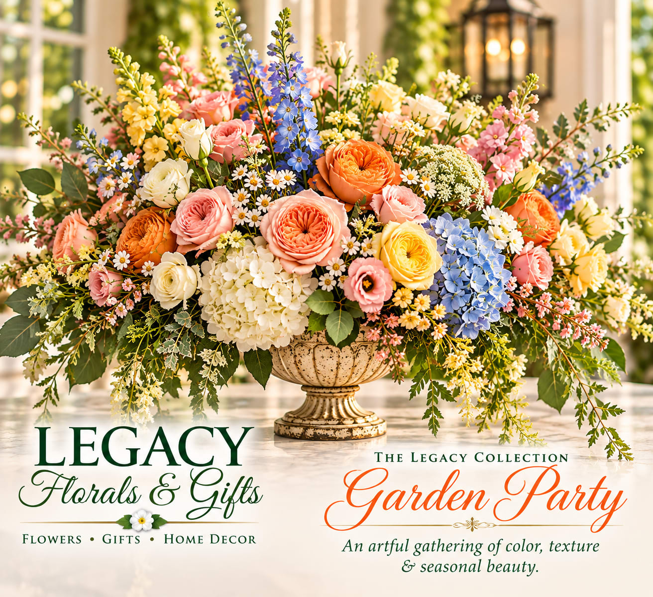 Large mixed floral arrangement in a decorative urn with pink, blue, yellow, and white blooms.