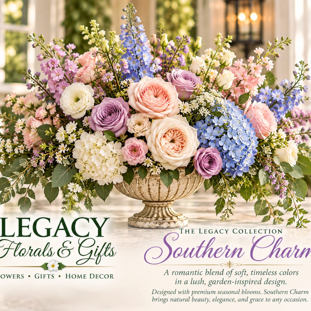 Pastel floral arrangement in a decorative urn vase