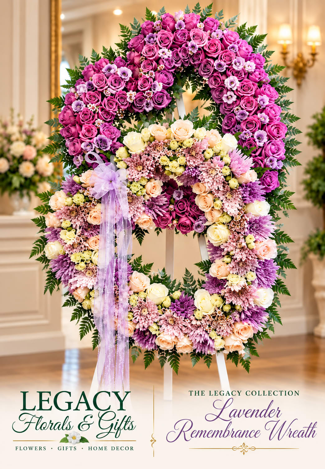 Lavender and pink floral wreath on an easel with a ribbon bow