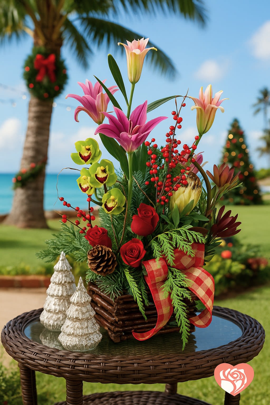 Holiday arrangement with lilies, red roses and green orchids in a wooden box with plaid bow