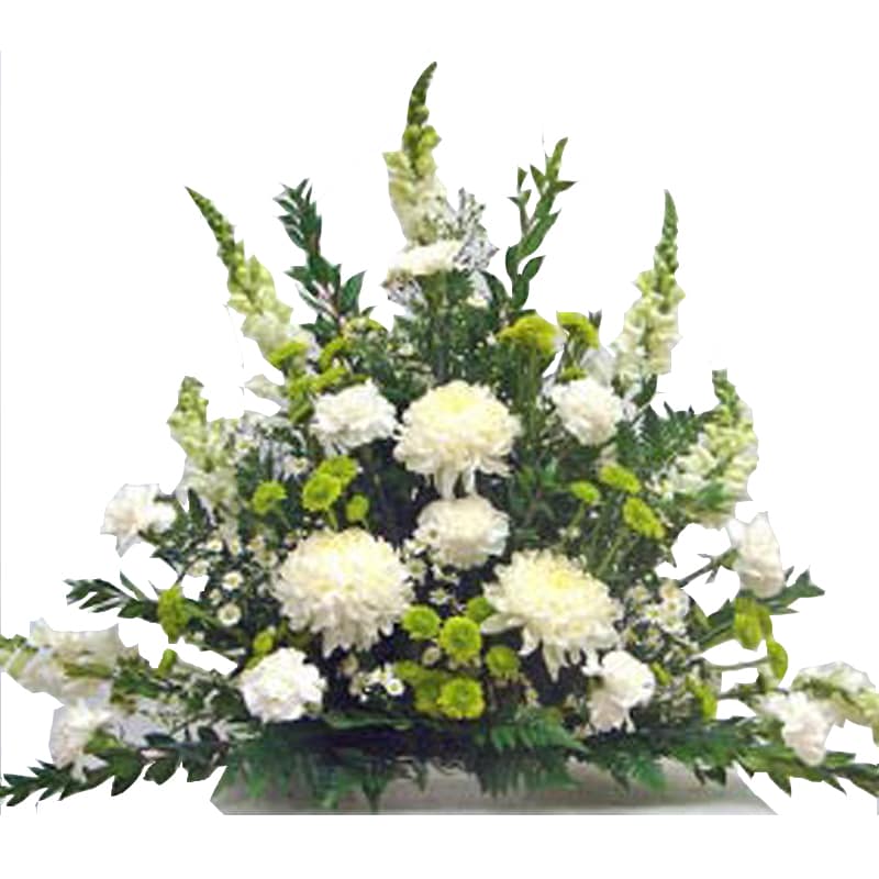 White and green sympathy floral spray with chrysanthemums and snapdragons