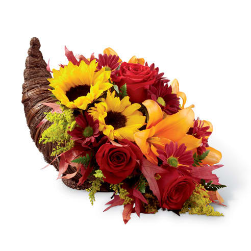 Cornucpopia Sunflowers, Mums, Lillies, Roses - A cornucopia basket filled with fall colors of sunflowers, mum, lilies and roses.