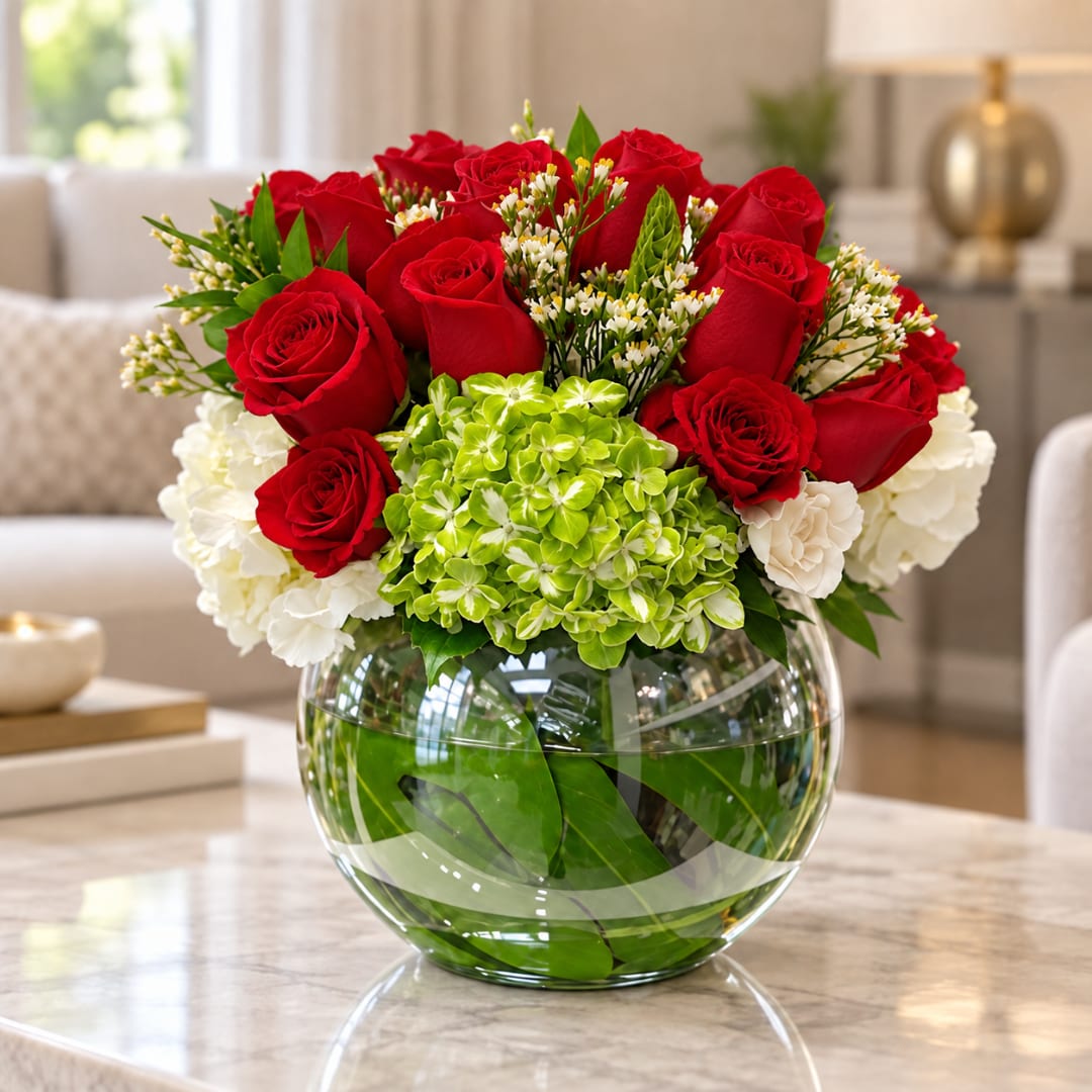 Red roses and white flowers arranged in a round glass vase